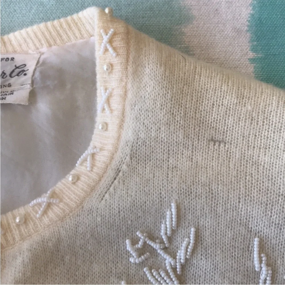 Vintage Beaded Angora Lambswool Cardigan Pearl Button Floral Knit - Picture 13 of 13